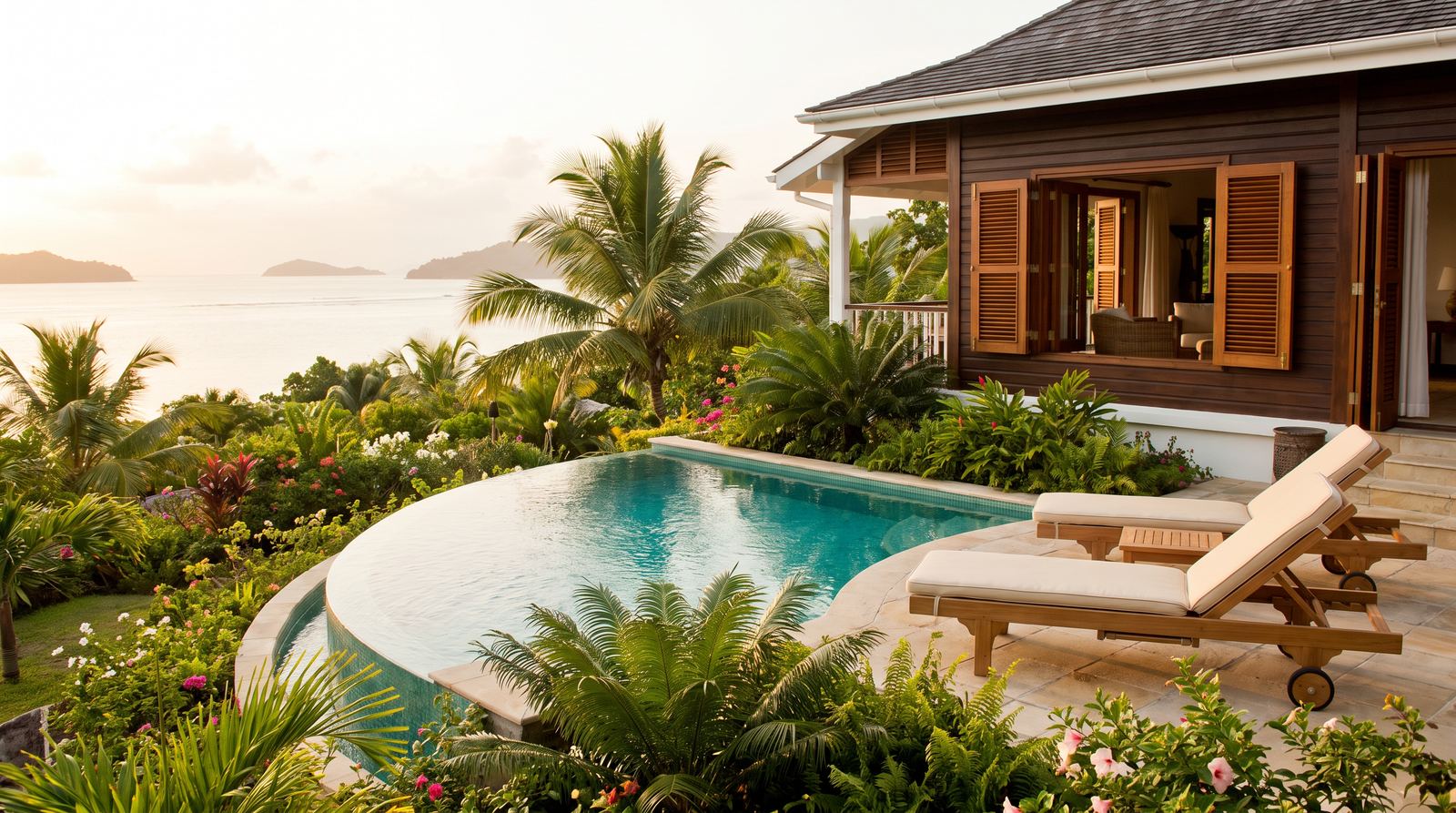 Villa avec piscine à débordement face au lagon, lumière de fin de journée