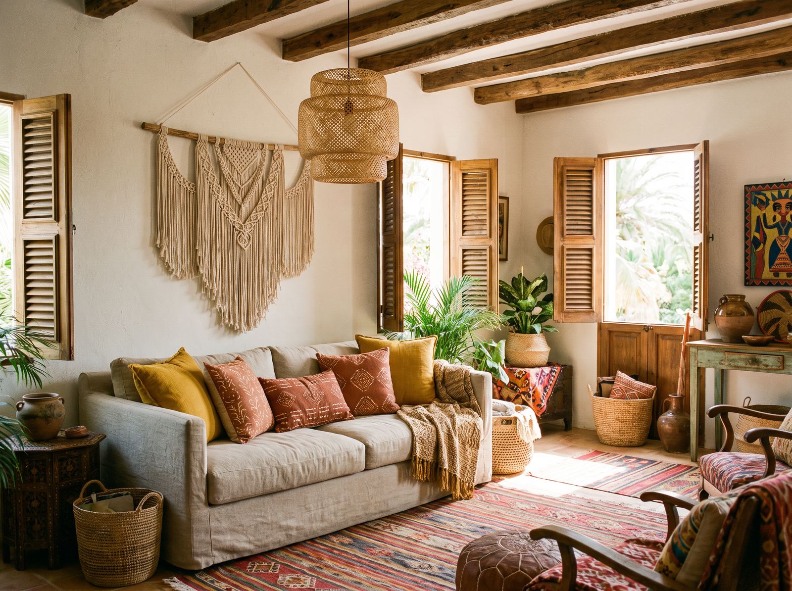 Salon bohème de Casa Mona, textiles colorés et macramé